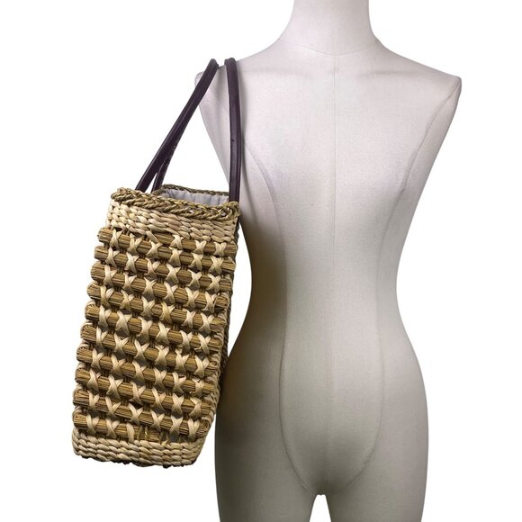 Braided Straw Women’s Beige Tote Bag With Dark Brown Handles Open Weave Style - Picture 8 of 11